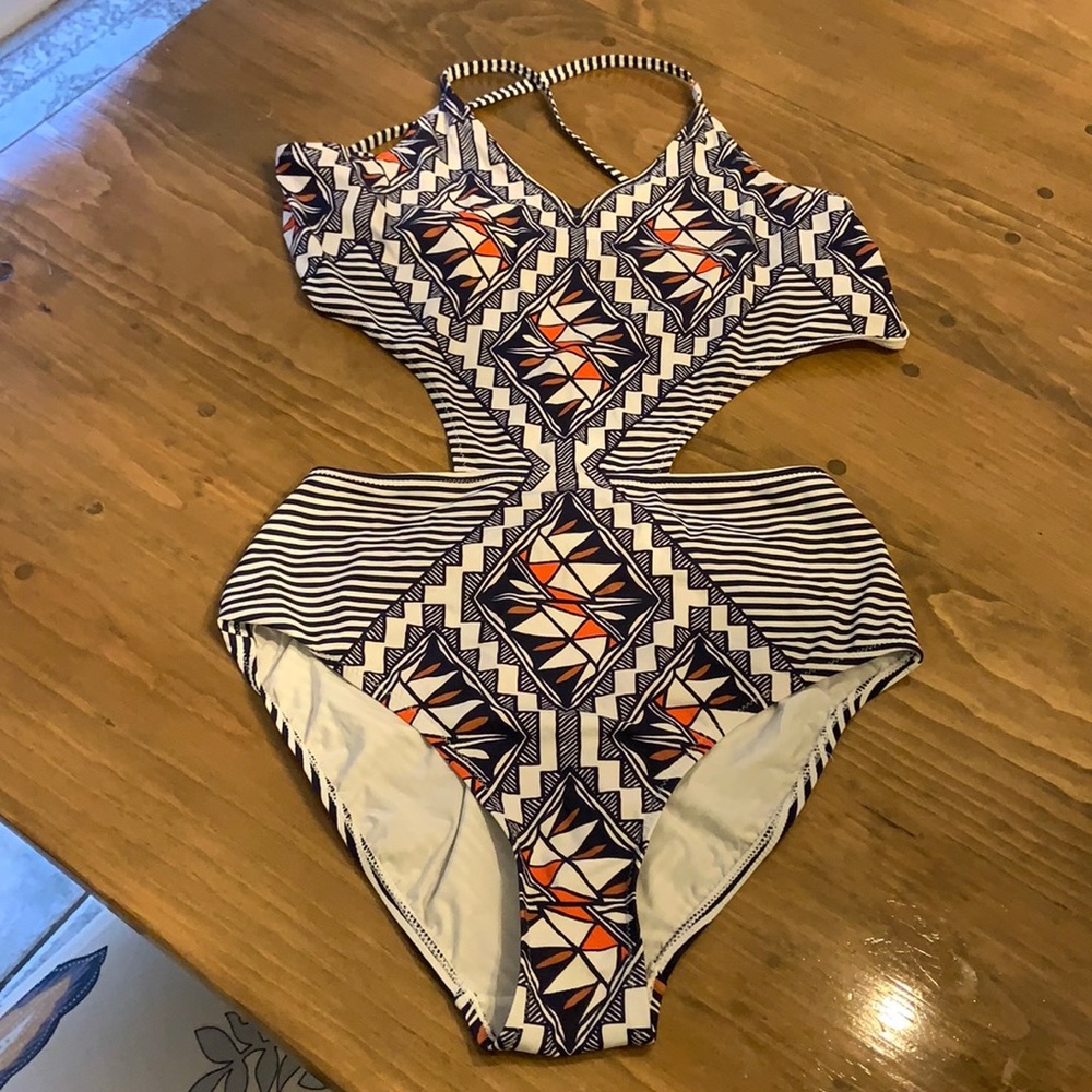 Tory Burch Striped Geometric Open Cut One Piece